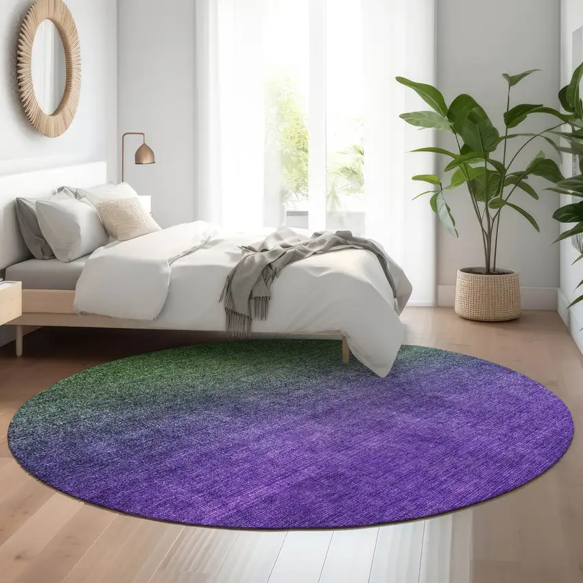 8' Green And Purple Ombre Washable Round Rug With UV Protection Photo 5