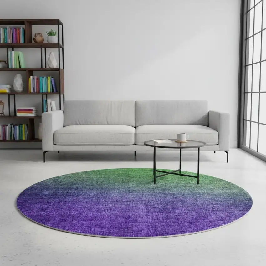8' Green And Purple Ombre Washable Round Rug With UV Protection Photo 2