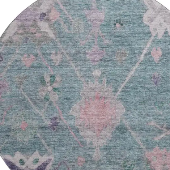 8' Green And Purple Oriental Washable Round Rug With UV Protection Photo 3