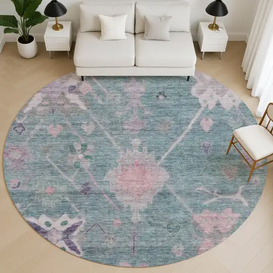 8' Green And Purple Oriental Washable Round Rug With UV Protection Photo 5