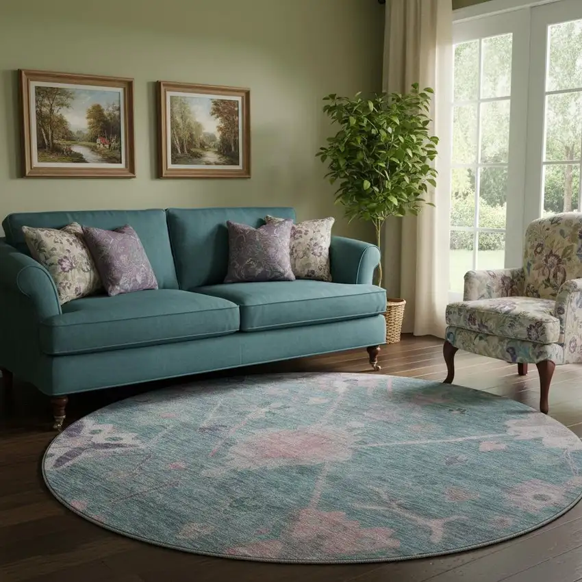 8' Green And Purple Oriental Washable Round Rug With UV Protection Photo 2