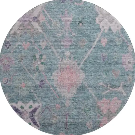 8' Green And Purple Oriental Washable Round Rug With UV Protection Photo 4