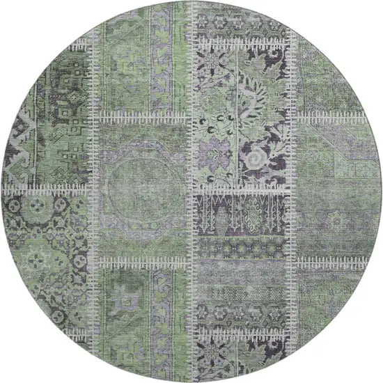 8' Green And Purple Patchwork Washable Round Rug With UV Protection Photo 1