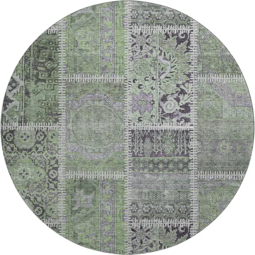 8' Green And Purple Patchwork Washable Round Rug With UV Protection Photo 1