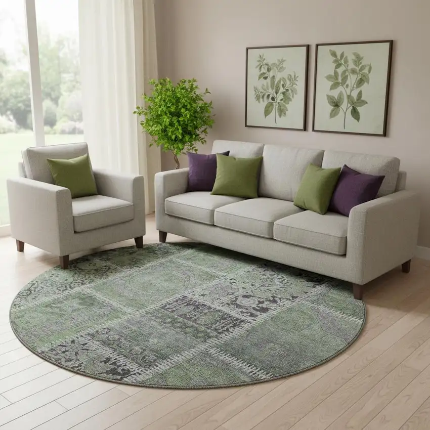 8' Green And Purple Patchwork Washable Round Rug With UV Protection Photo 1
