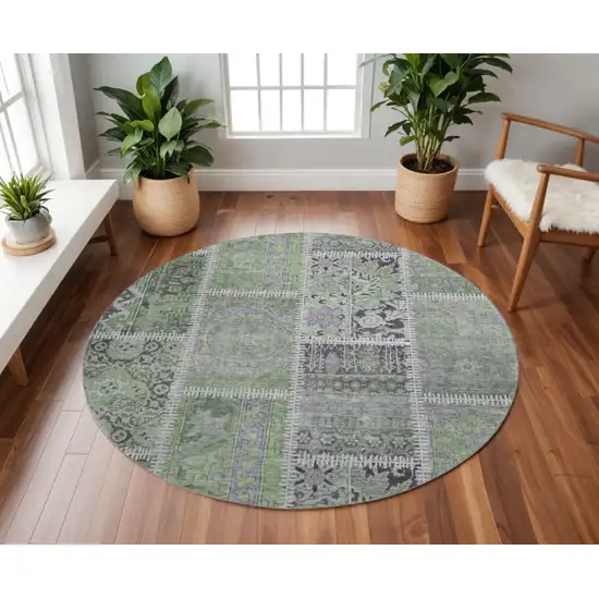 8' Green And Purple Patchwork Washable Round Rug With UV Protection Photo 2