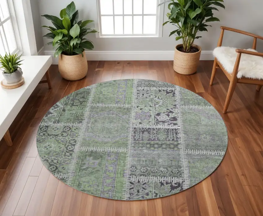 8' Green And Purple Patchwork Washable Round Rug With UV Protection Photo 2