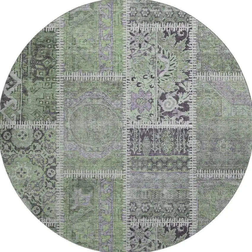 8' Green And Purple Patchwork Washable Round Rug With UV Protection Photo 3