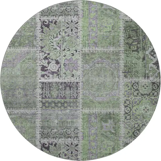 8' Green And Purple Patchwork Washable Round Rug With UV Protection Photo 4