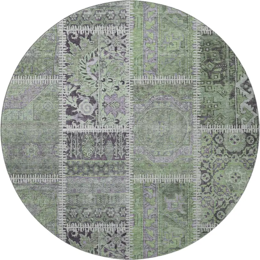 8' Green And Purple Patchwork Washable Round Rug With UV Protection Photo 4