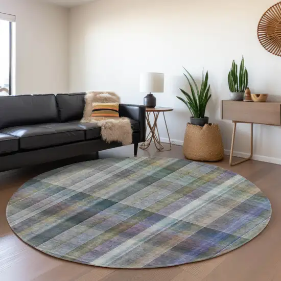 8' Green And Purple Plaid Washable Round Rug With UV Protection Photo 5