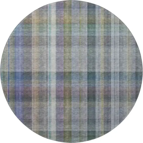 8' Green And Purple Plaid Washable Round Rug With UV Protection Photo 4