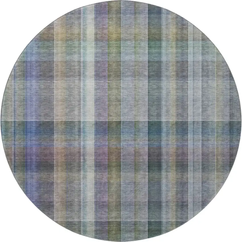 8' Green And Purple Plaid Washable Round Rug With UV Protection Photo 4