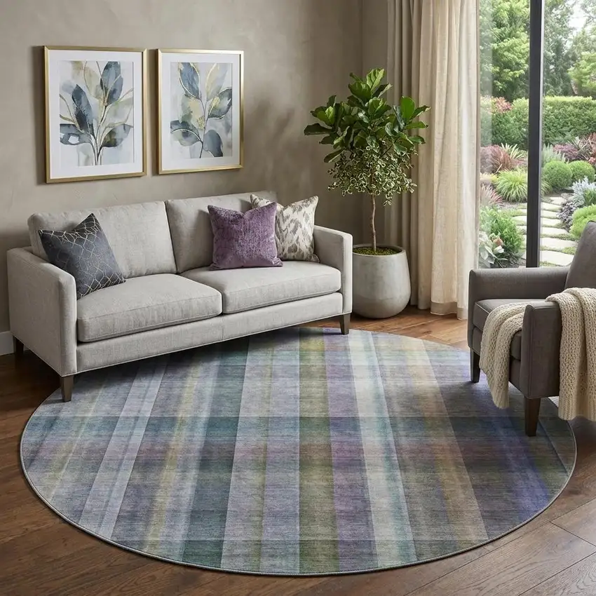 8' Green And Purple Plaid Washable Round Rug With UV Protection Photo 1