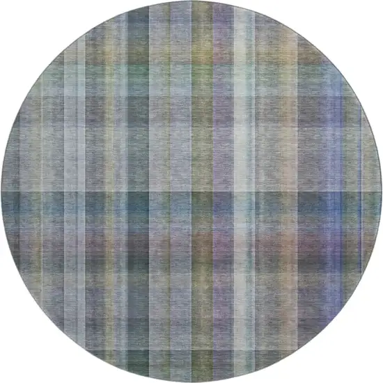 8' Green And Purple Plaid Washable Round Rug With UV Protection Photo 1