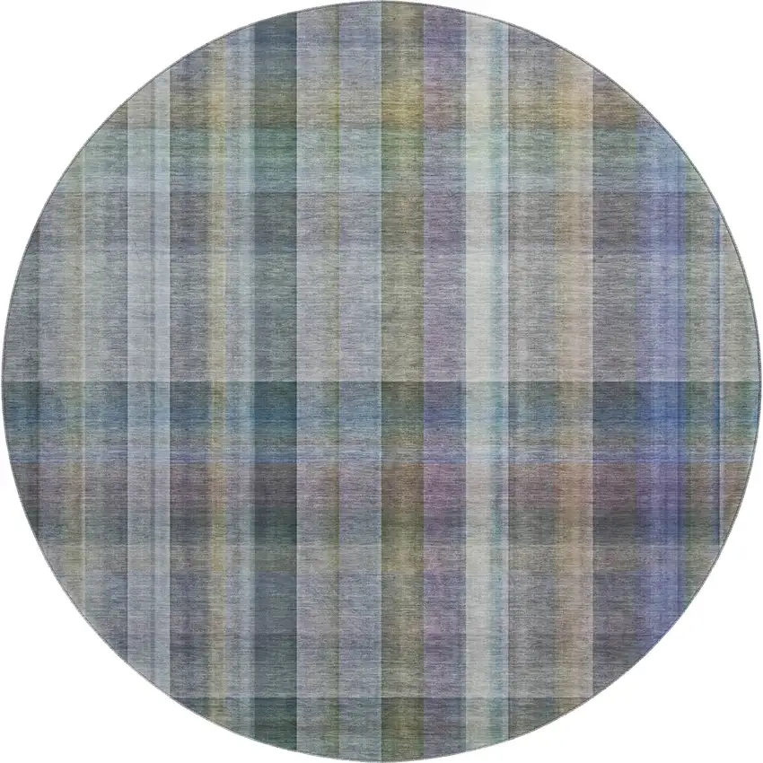 8' Green And Purple Plaid Washable Round Rug With UV Protection Photo 1
