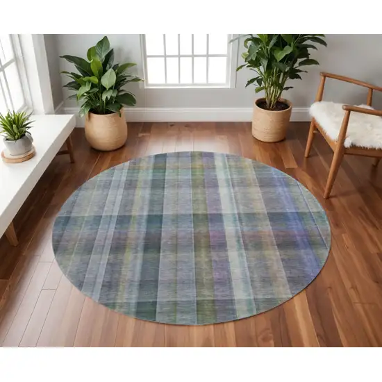 8' Green And Purple Plaid Washable Round Rug With UV Protection Photo 2