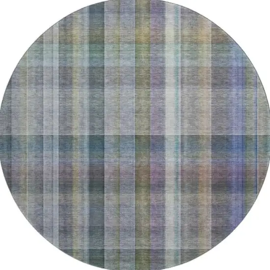 8' Green And Purple Plaid Washable Round Rug With UV Protection Photo 3