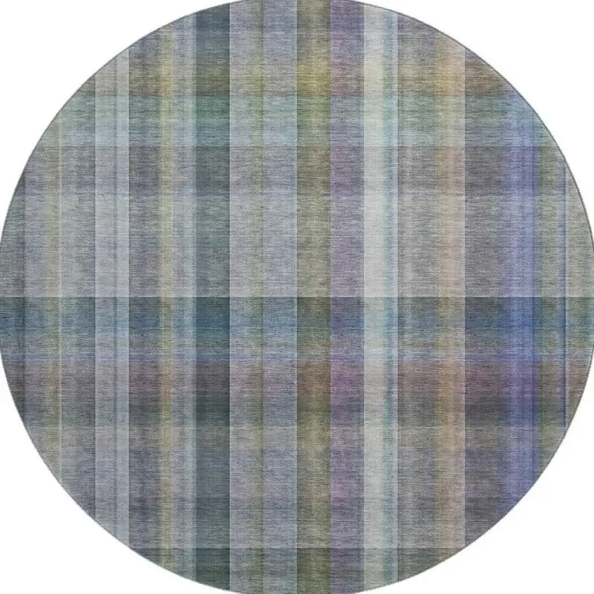 8' Green And Purple Plaid Washable Round Rug With UV Protection Photo 3