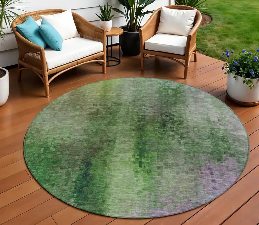8' Green And Purple Round Abstract Washable Indoor Outdoor Area Rug Photo 1