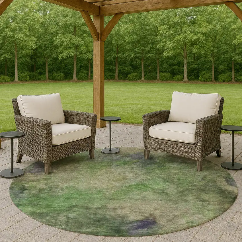 8' Green And Purple Round Abstract Washable Indoor Outdoor Area Rug Photo 8