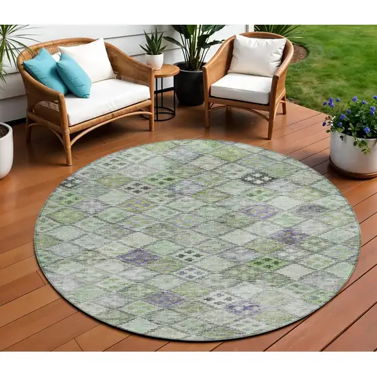 8' Green And Purple Round Geometric Washable Indoor Outdoor Area Rug Photo 1