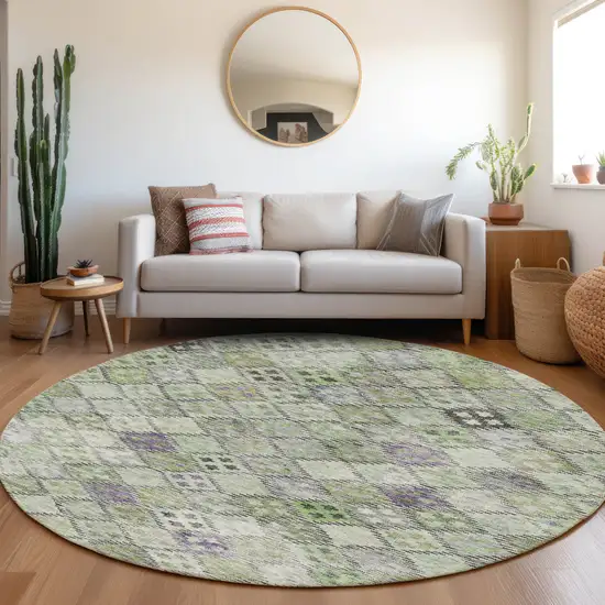 8' Green And Purple Round Geometric Washable Indoor Outdoor Area Rug Photo 8