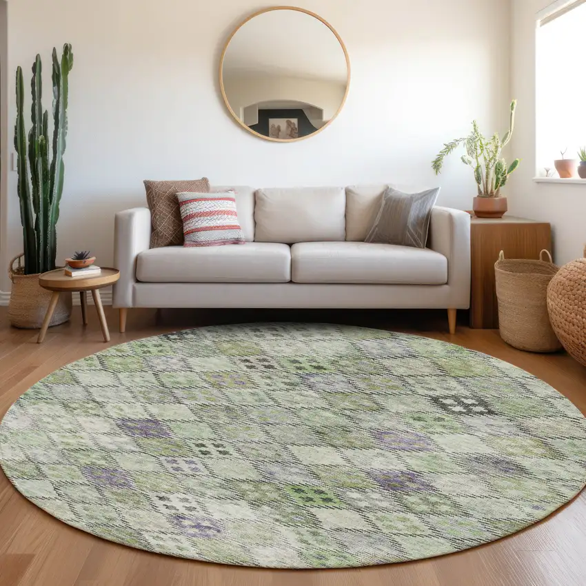 8' Green And Purple Round Geometric Washable Indoor Outdoor Area Rug Photo 8