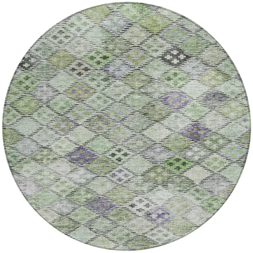 8' Green And Purple Round Geometric Washable Indoor Outdoor Area Rug Photo 6
