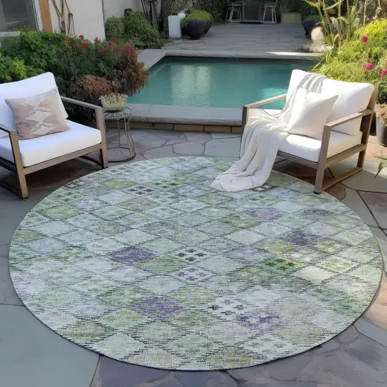 8' Green And Purple Round Geometric Washable Indoor Outdoor Area Rug Photo 7