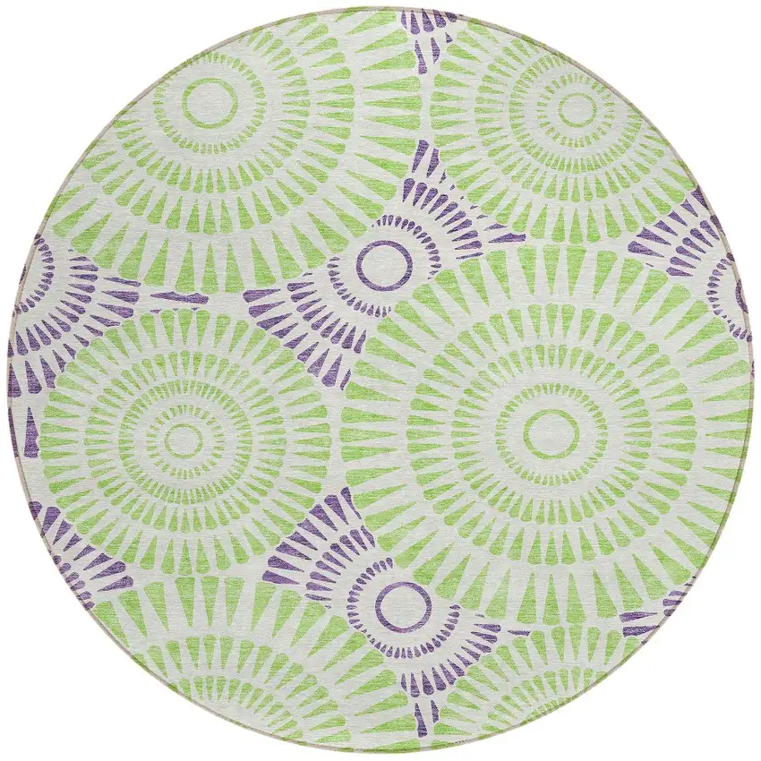8' Green And Purple Round Geometric Washable Indoor Outdoor Area Rug Photo 6
