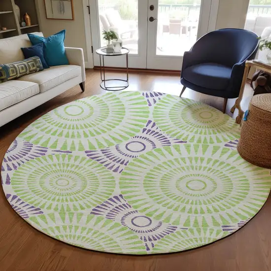 8' Green And Purple Round Geometric Washable Indoor Outdoor Area Rug Photo 8