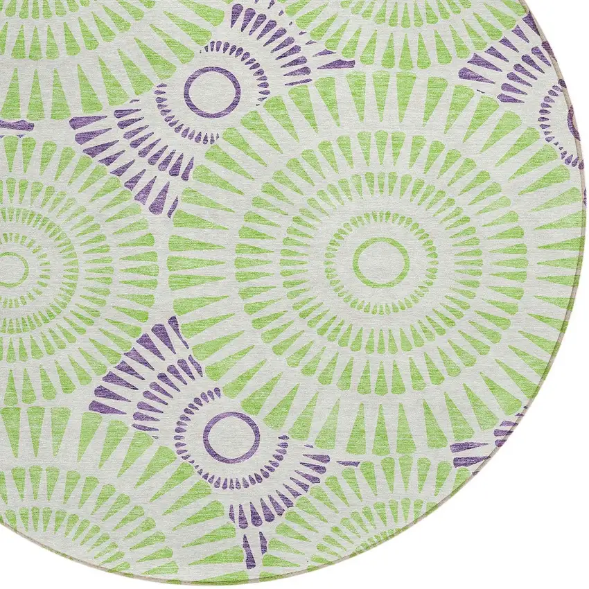 8' Green And Purple Round Geometric Washable Indoor Outdoor Area Rug Photo 5