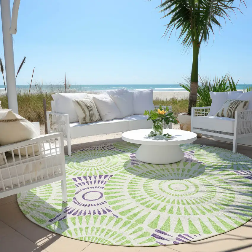 8' Green And Purple Round Geometric Washable Indoor Outdoor Area Rug Photo 7