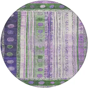 Photo of 8' Green And Purple Round Striped Washable Indoor Outdoor Area Rug