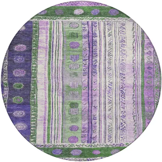 8' Green And Purple Round Striped Washable Indoor Outdoor Area Rug Photo 1