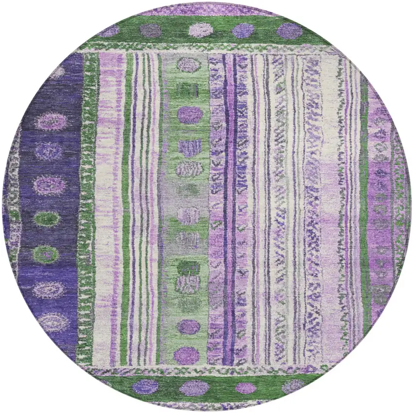 8' Green And Purple Round Striped Washable Indoor Outdoor Area Rug Photo 1