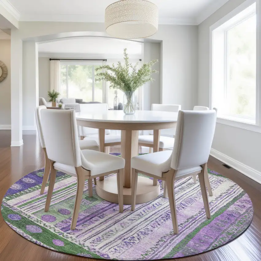 8' Green And Purple Round Striped Washable Indoor Outdoor Area Rug Photo 6