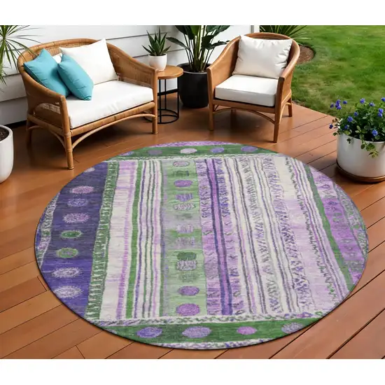 8' Green And Purple Round Striped Washable Indoor Outdoor Area Rug Photo 2