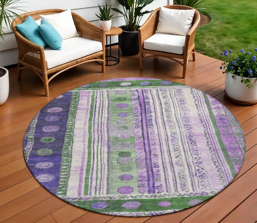 8' Green And Purple Round Striped Washable Indoor Outdoor Area Rug Photo 2
