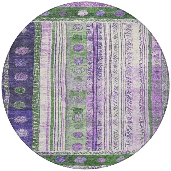 8' Green And Purple Round Striped Washable Indoor Outdoor Area Rug Photo 3