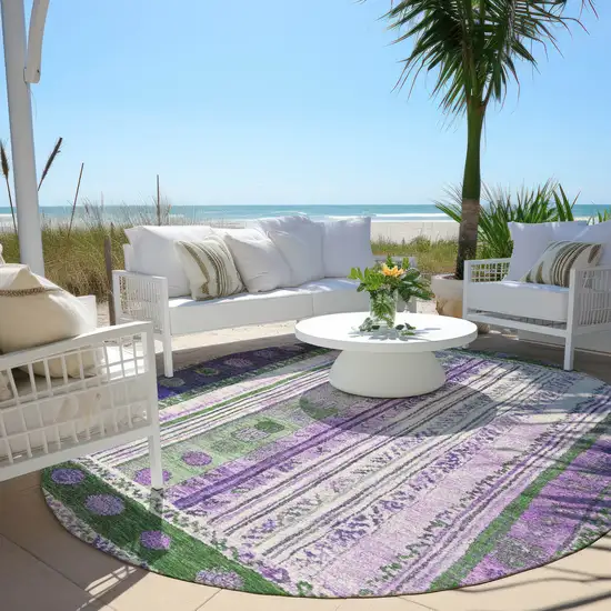 8' Green And Purple Round Striped Washable Indoor Outdoor Area Rug Photo 5