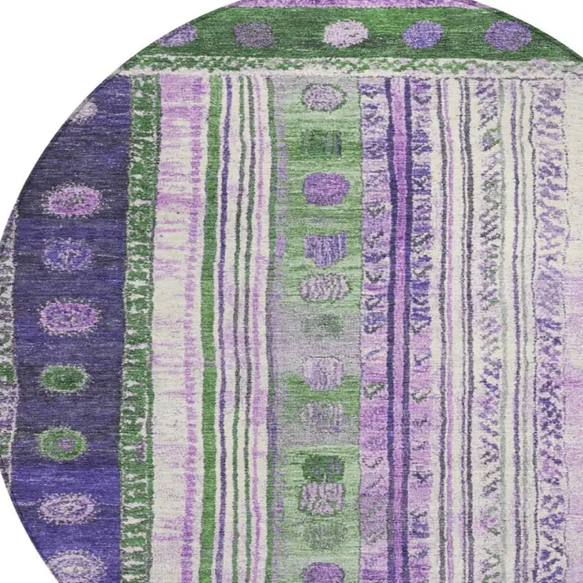 8' Green And Purple Round Striped Washable Indoor Outdoor Area Rug Photo 4