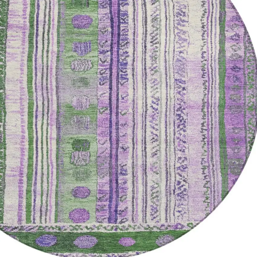 8' Green And Purple Round Striped Washable Indoor Outdoor Area Rug Photo 8