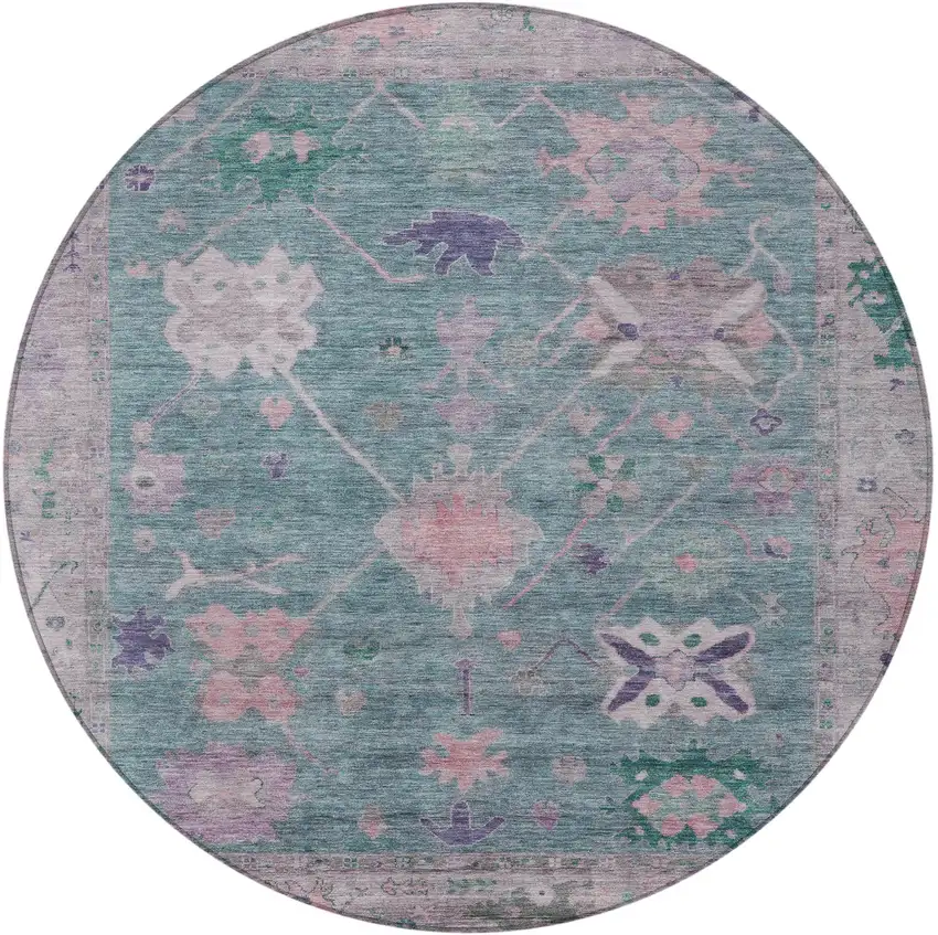 8' Green And Purple Round Tribal Washable Indoor Outdoor Area Rug Photo 3