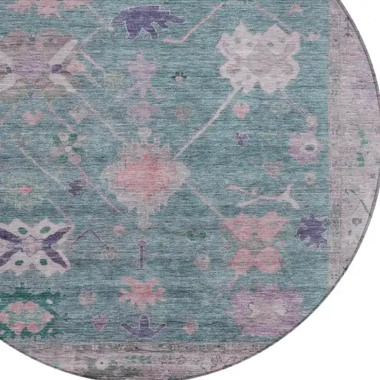 8' Green And Purple Round Tribal Washable Indoor Outdoor Area Rug Photo 4