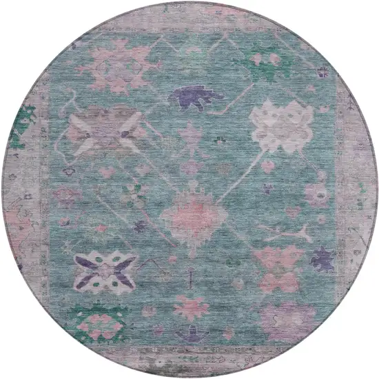 8' Green And Purple Round Tribal Washable Indoor Outdoor Area Rug Photo 1