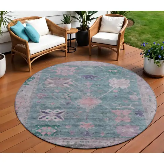 8' Green And Purple Round Tribal Washable Indoor Outdoor Area Rug Photo 2
