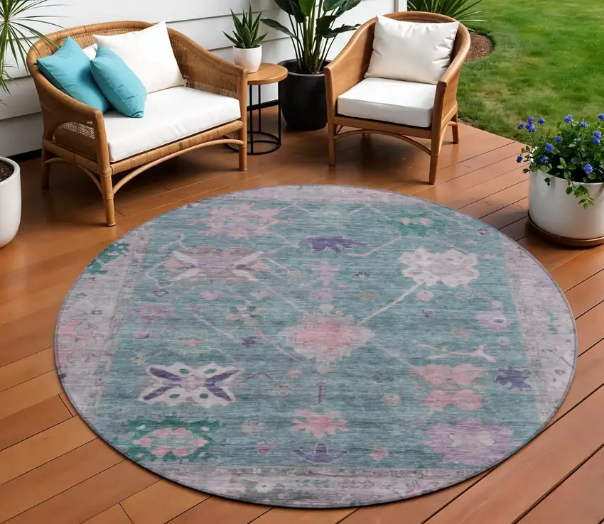 8' Green And Purple Round Tribal Washable Indoor Outdoor Area Rug Photo 2