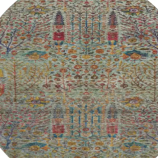 8' Green And Red Floral Vines Washable Round Rug With UV Protection Photo 3